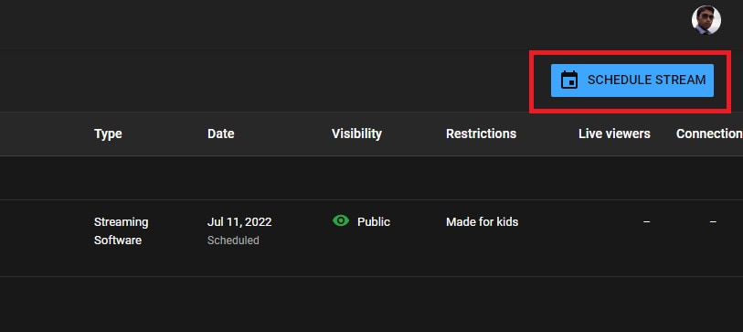 Agendar transmissão ao vivo do youtube