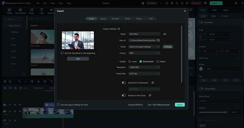 exporting the business video template