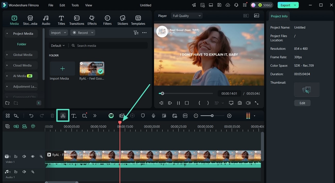 drag playhead line click scissors icon