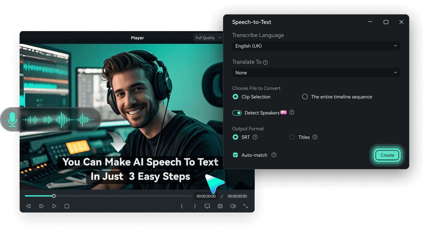 Use a IA de fala para texto do Filmora