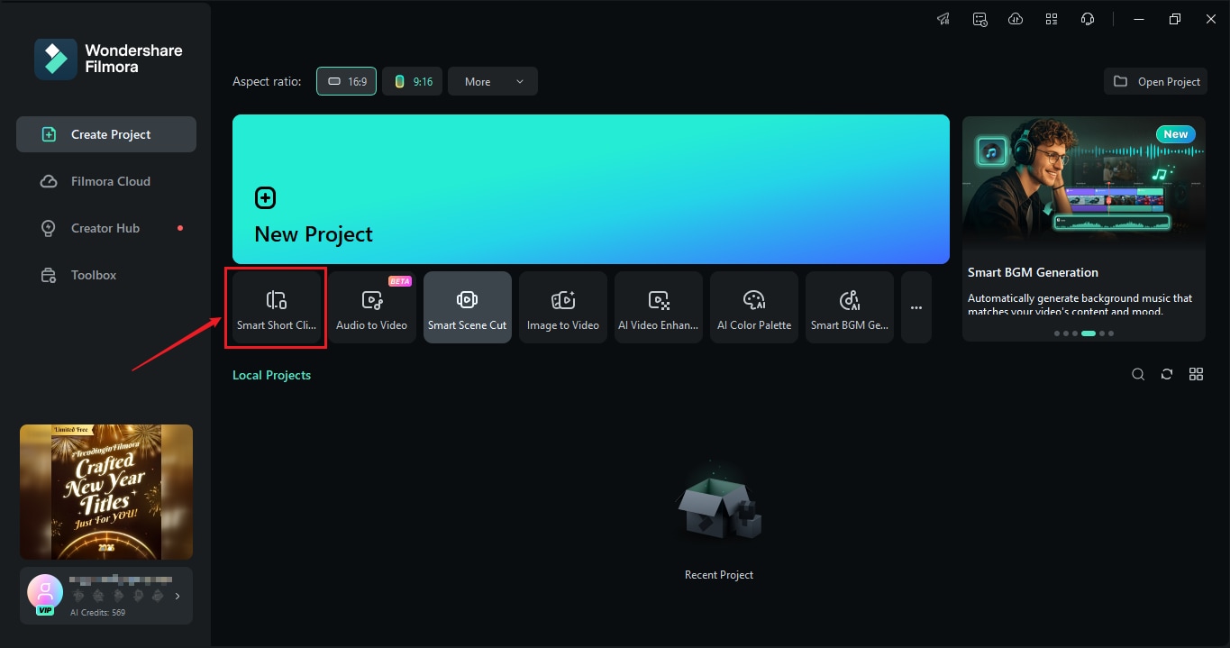 open filmora and access smart short clips