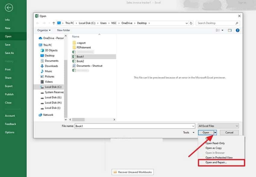 built repair feature of excel