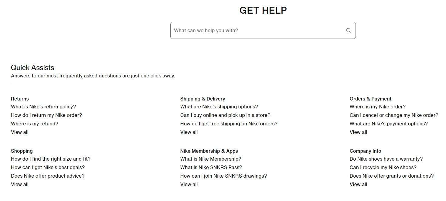 nike faq page example