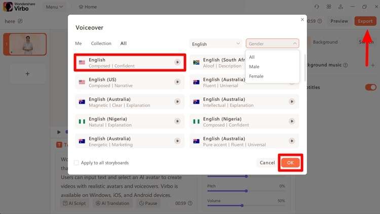 choose ai avatar and voiceover language